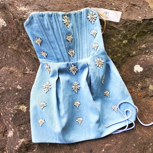 Maraya Denim Diamond Mini Dress in Blue Denim Bronx and Banco Sz 4 SMALL - Picture 2 of 14